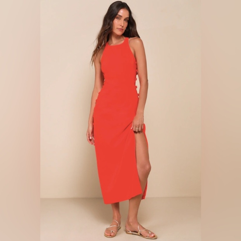 Lulus Masterfully Mod Bright Orange Side Button Midi Dress XXS NWT - Picture 7 of 9